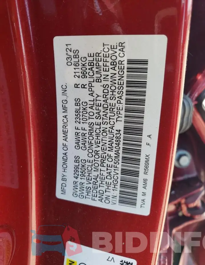 1HGCV1F50MA048834 Photo# 12