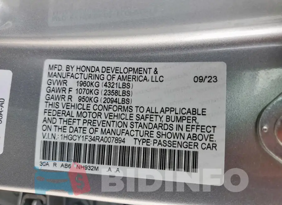1HGCY1F34RA007894 Photo# 13