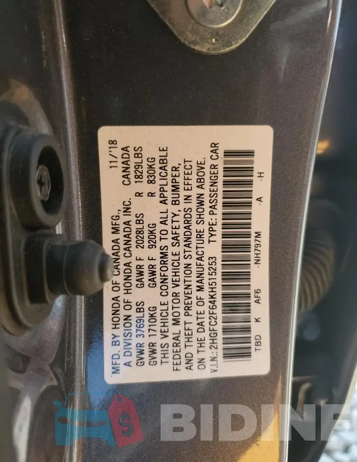 2HGFC2F64KH515253 Photo# 12