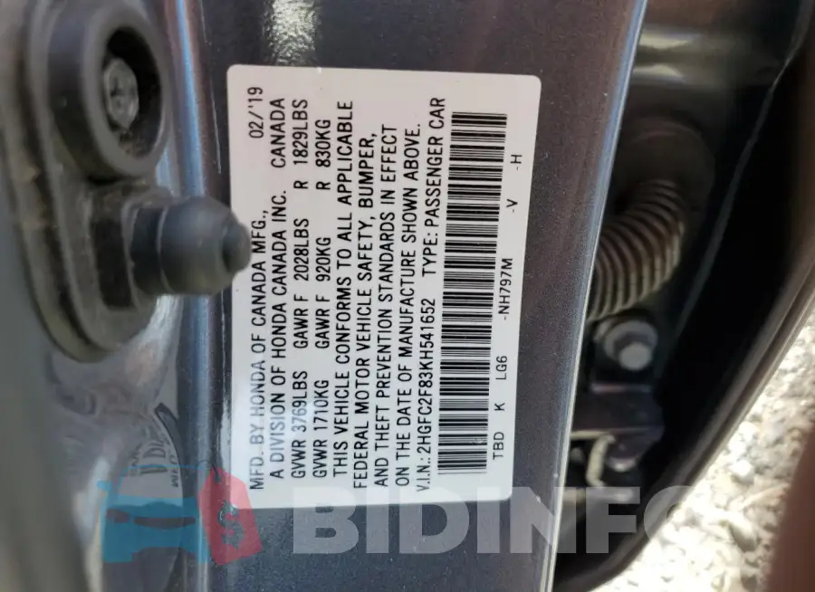 2HGFC2F83KH541652 Photo# 13