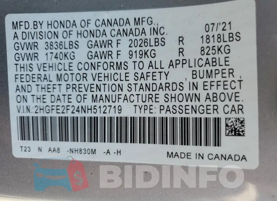 2HGFE2F24NH512719 Photo# 13