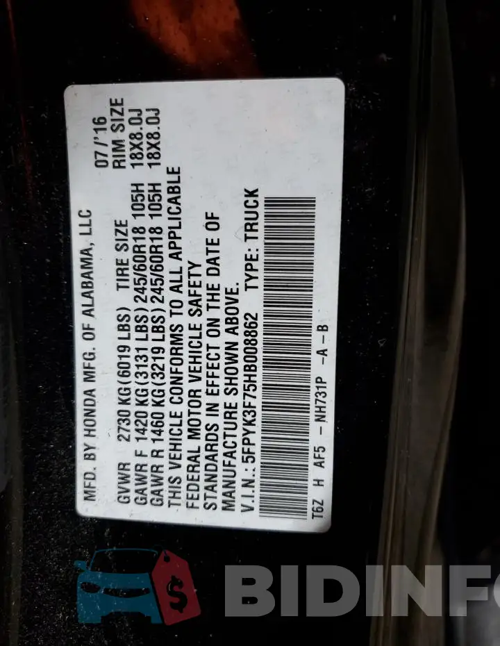 5FPYK3F75HB008862 Photo# 12
