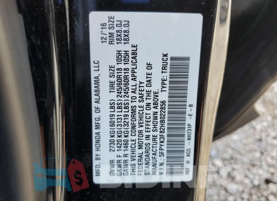 5FPYK3F82HB022856 Photo# 12