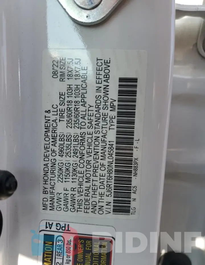 5J6RT6H80NL045841 Photo# 13