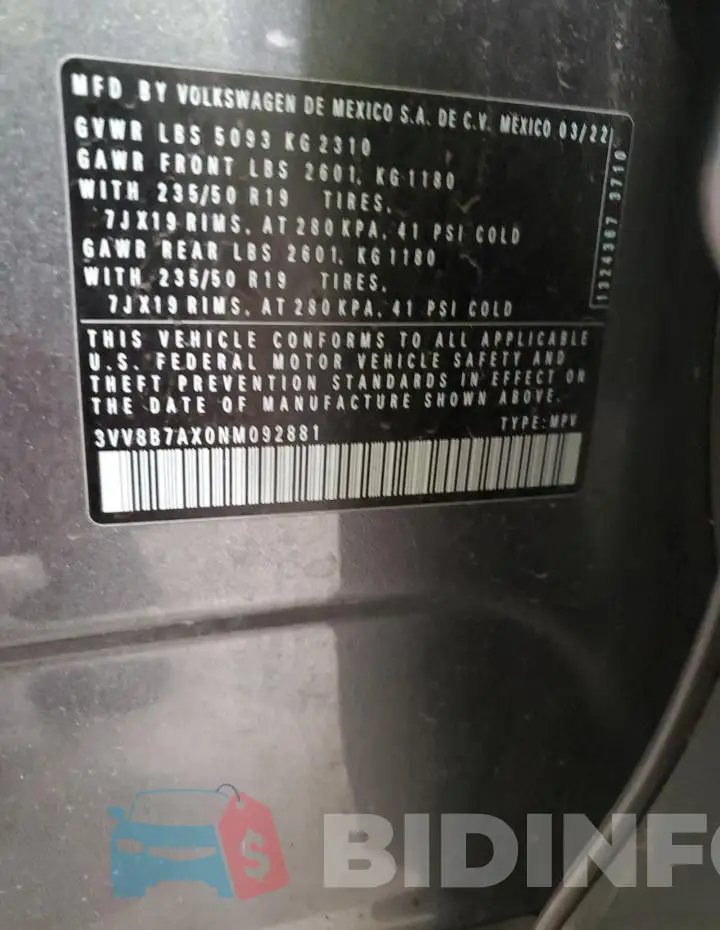 3VV8B7AX0NM092881 Photo# 12