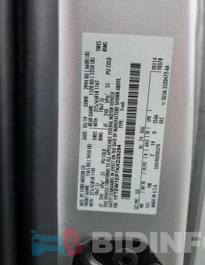 1FTEW1EP7KKD29284 Photo# 13