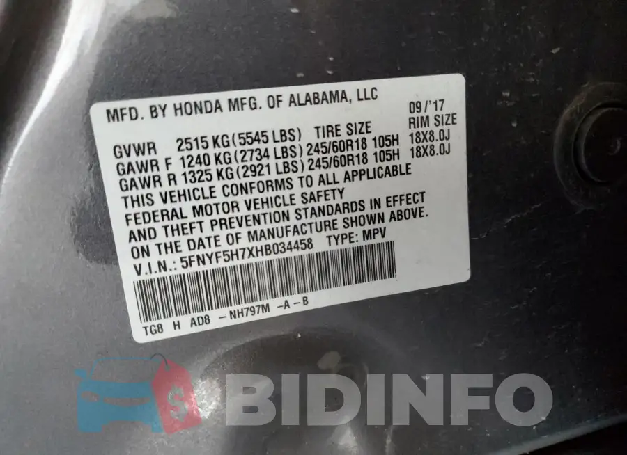 5FNYF5H7XHB034458 Photo# 13