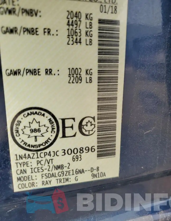1N4AZ1CP4JC300896 Photo# 12