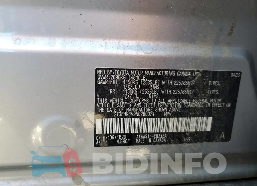 2T3F1RFV9NC280374 Photo# 13