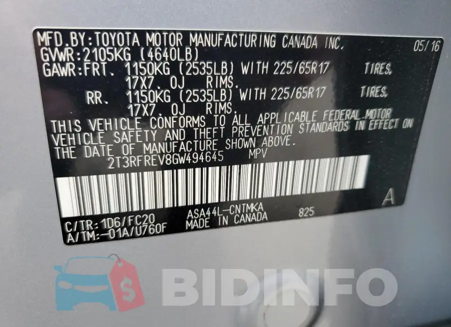 2T3RFREV8GW494645 Photo# 13