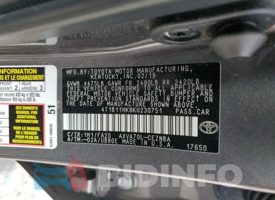 4T1B11HK8KU230751 Photo# 12