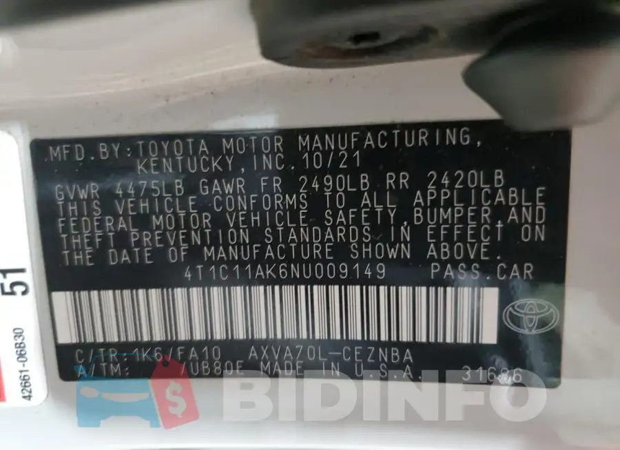 4T1C11AK6NU009149 Photo# 12
