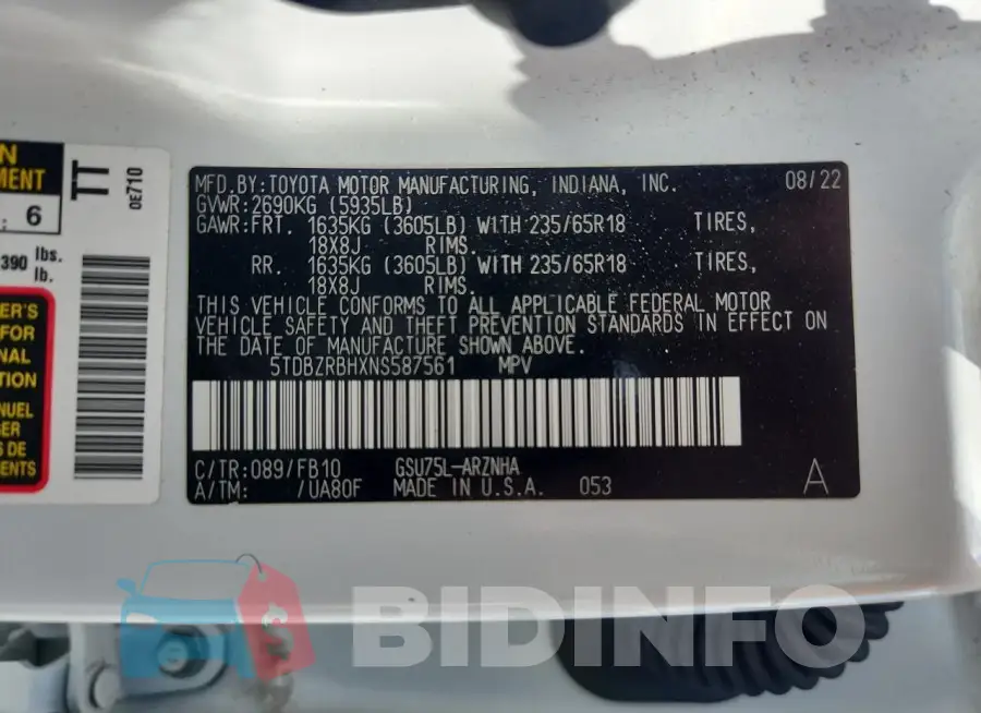 5TDBZRBHXNS587561 Photo# 13