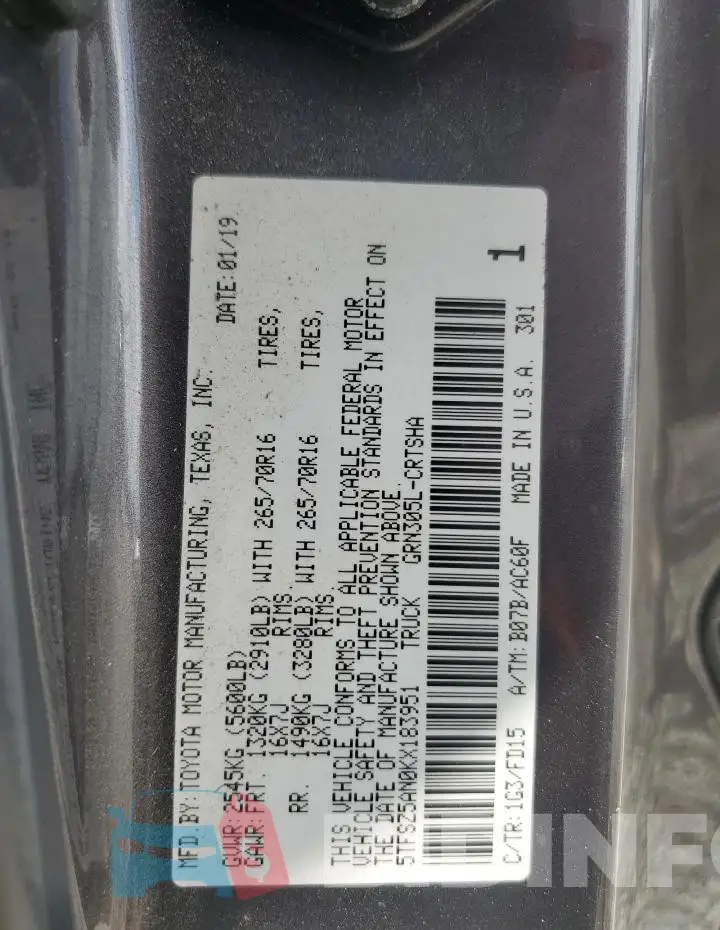 5TFSZ5AN0KX183951 Photo# 12