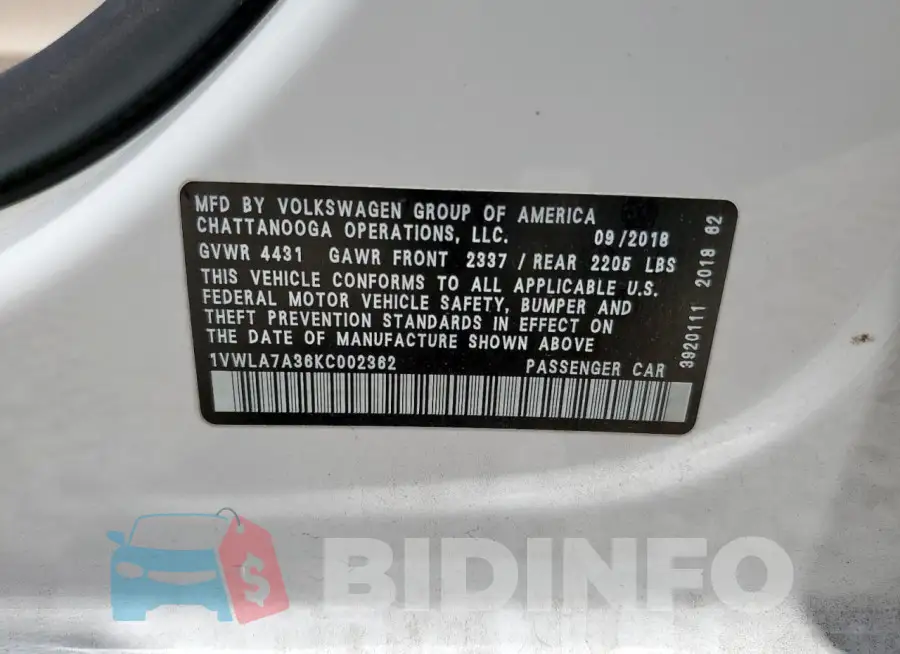 1VWLA7A36KC002362 Photo# 12