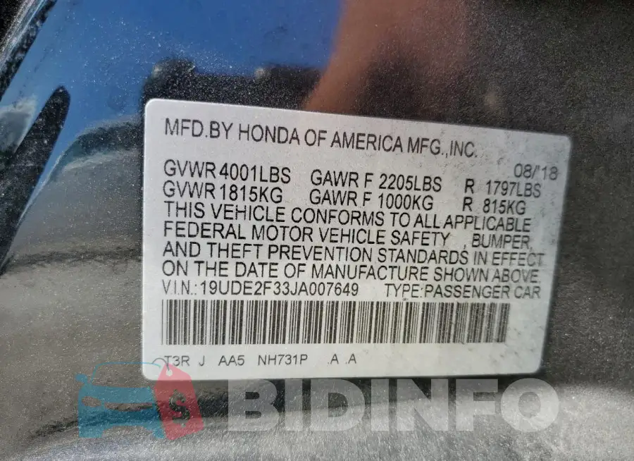 19UDE2F33JA007649 Photo# 13