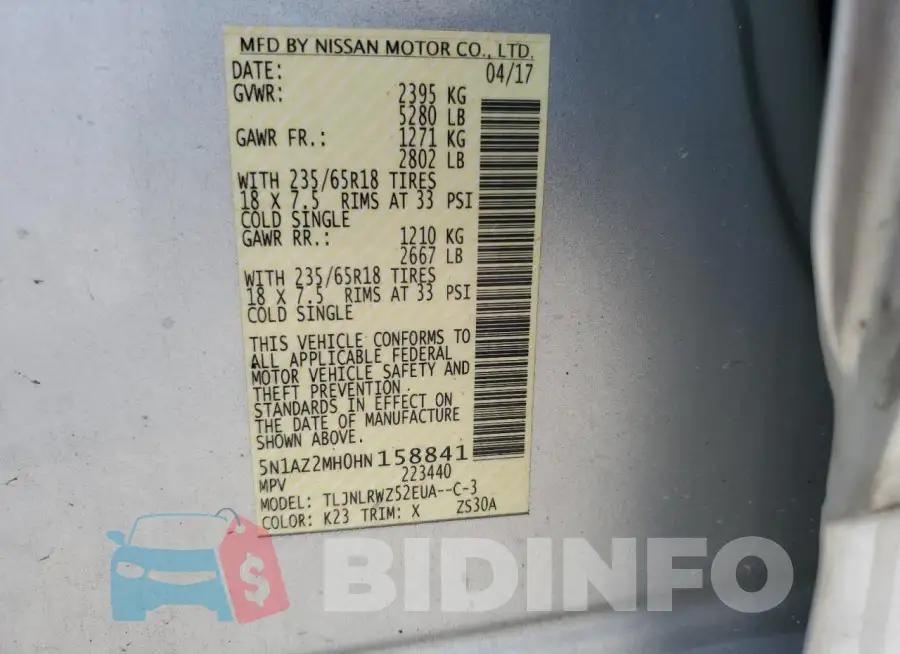 5N1AZ2MH0HN158841 Photo# 14