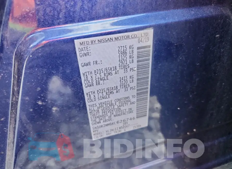 5N1DR2MM6KC626746 Photo# 12