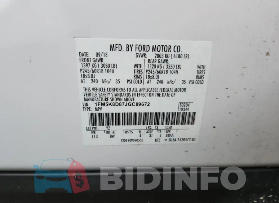 1FM5K8D87JGC89672 Photo# 12