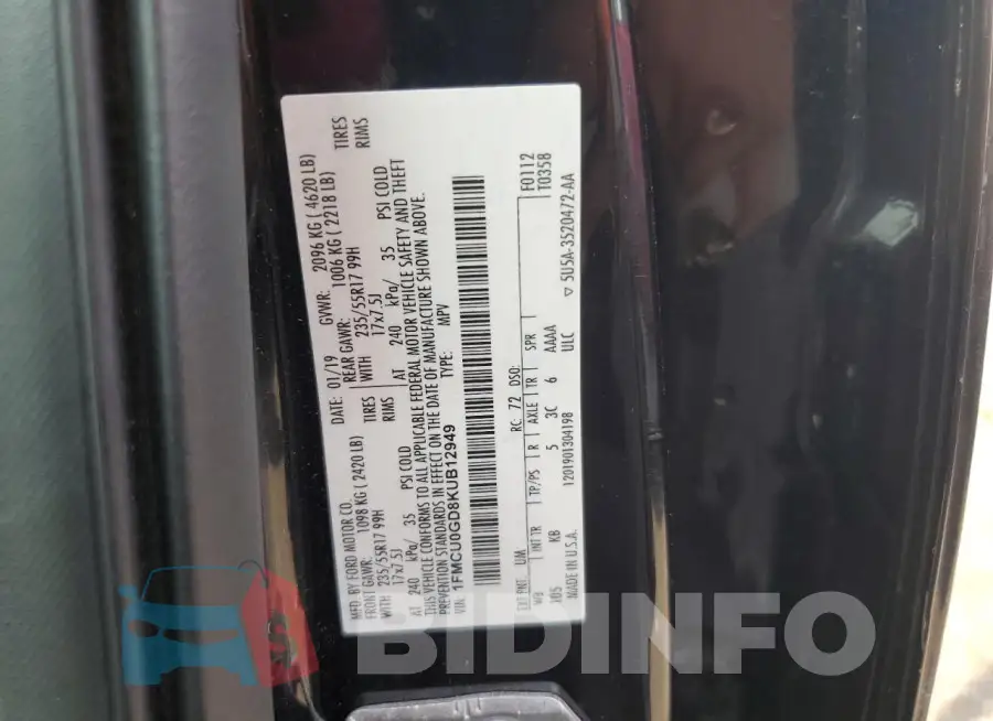 1FMCU0GD8KUB12949 Photo# 12
