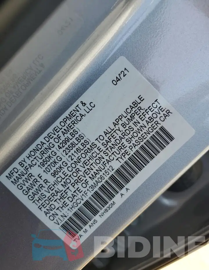 1HGCV1F13MA061512 Photo# 13