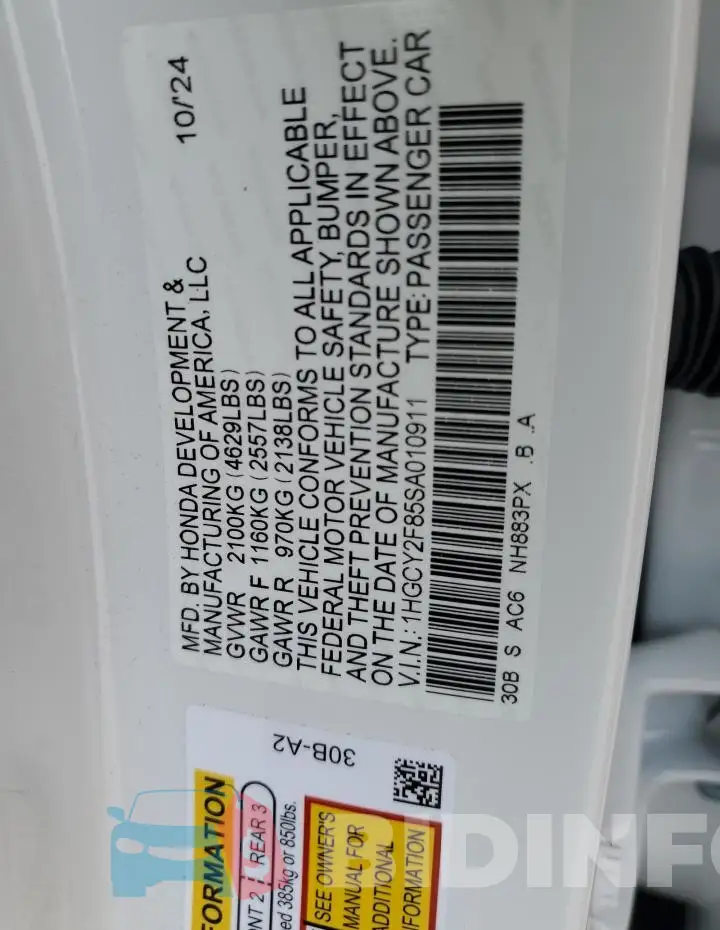 1HGCY2F85SA010911 Photo# 12