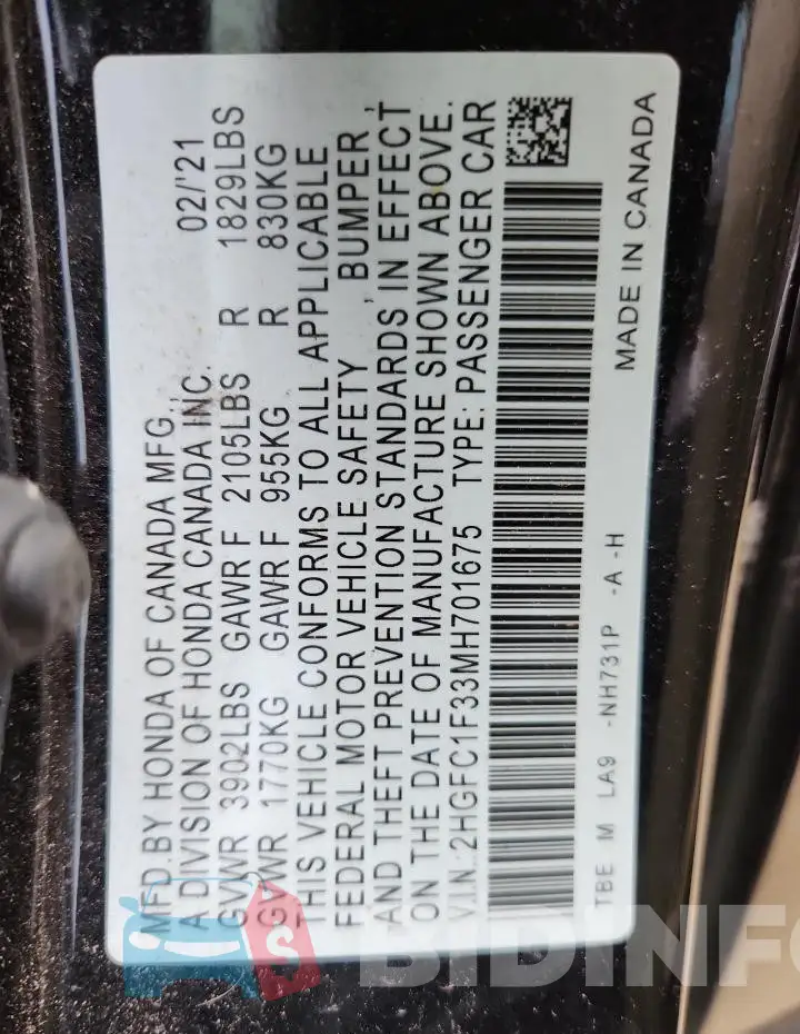 2HGFC1F33MH701675 Photo# 13