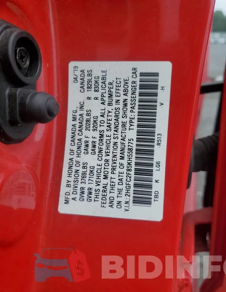 2HGFC2F85KH558775 Photo# 12