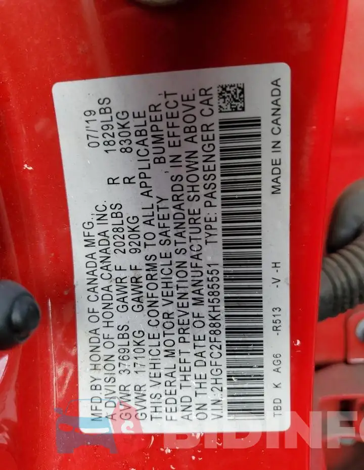 2HGFC2F88KH585551 Photo# 12