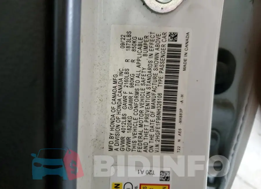 2HGFE1F96NH326106 Photo# 12