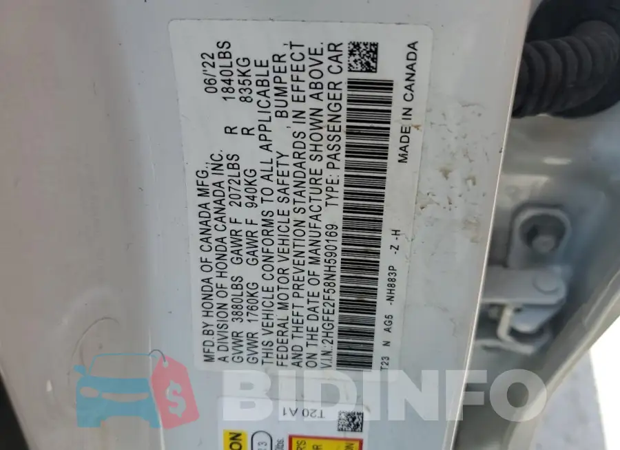 2HGFE2F58NH590169 Photo# 13