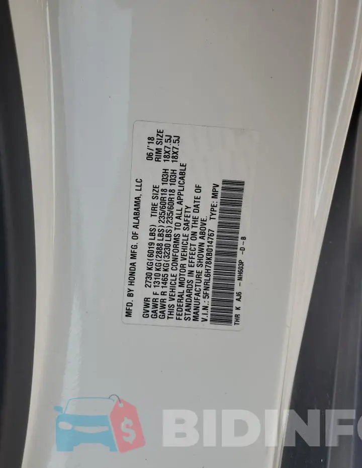 5FNRL6H78KB014767 Photo# 13