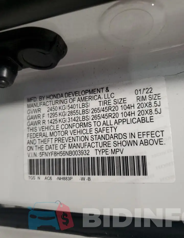 5FNYF8H56NB003932 Photo# 13