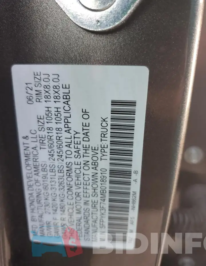 5FPYK3F74MB018910 Photo# 13