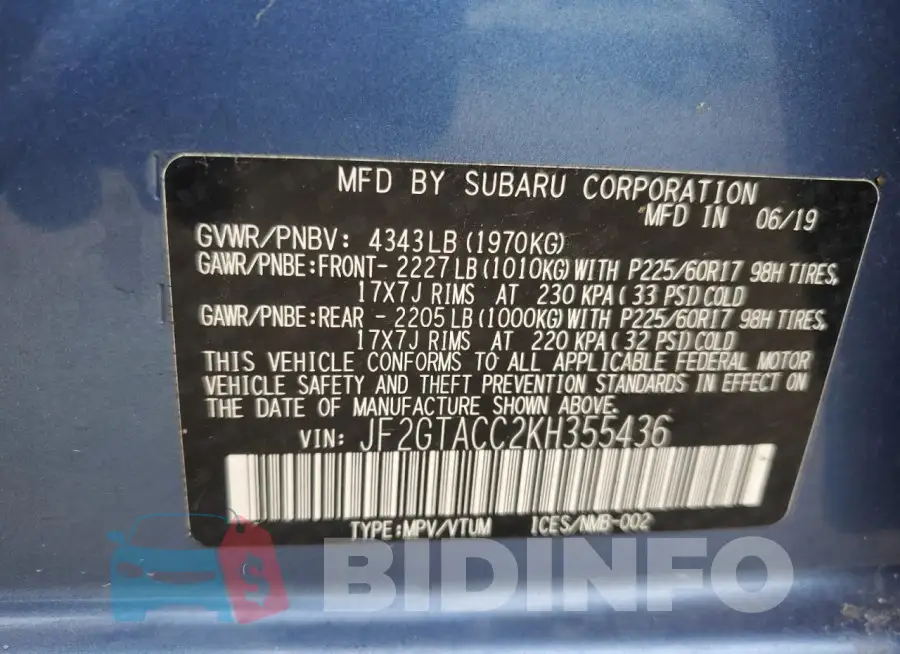 JF2GTACC2KH355436 Photo# 13