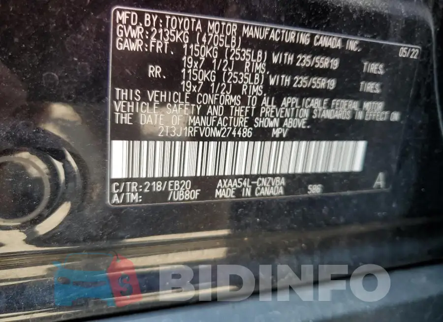 2T3J1RFV0NW274486 Photo# 14
