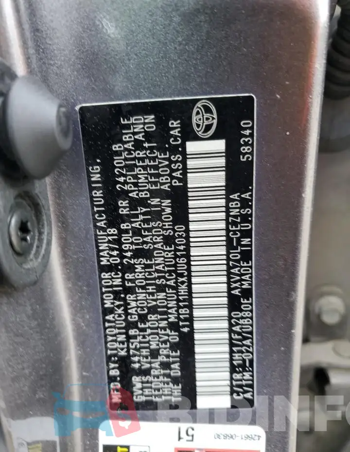 4T1B11HKXJU614030 Photo# 12