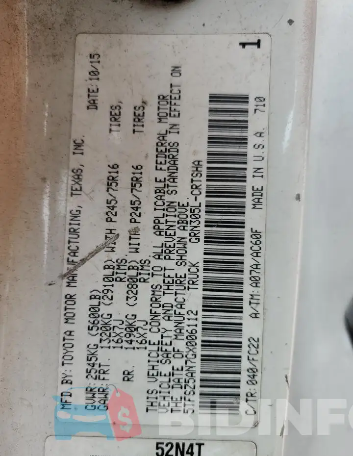 5TFSZ5AN7GX006112 Photo# 12