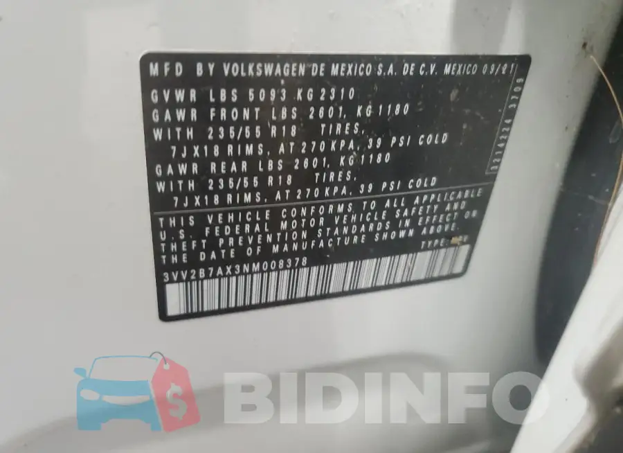 3VV2B7AX3NM008378 Photo# 14
