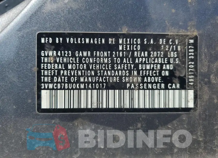 3VWCB7BU0KM141017 Photo# 13