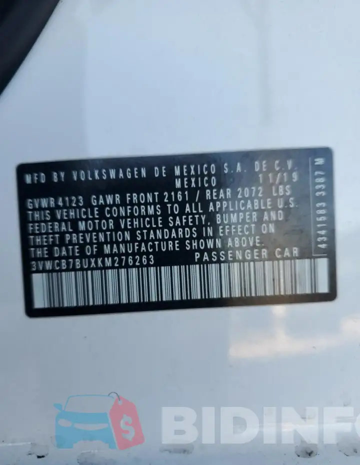 3VWCB7BUXKM276263 Photo# 13