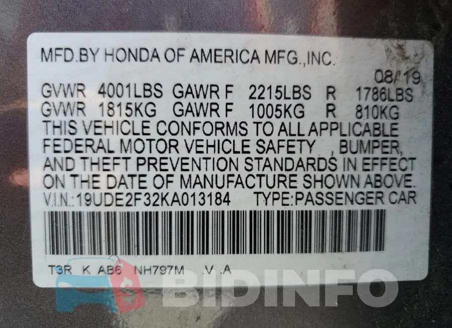 19UDE2F32KA013184 Photo# 12