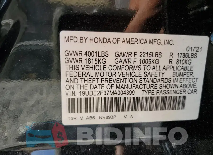 19UDE2F37MA004399 Photo# 12