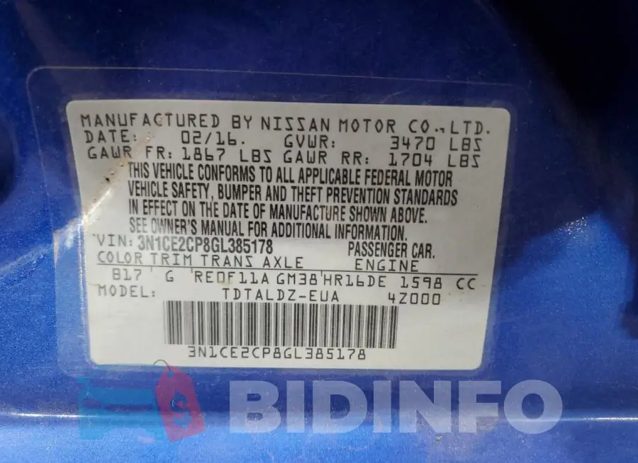 3N1CE2CP8GL385178 Photo# 12