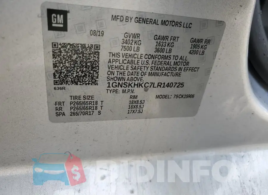 1GNSKHKC7LR140725 Photo# 13