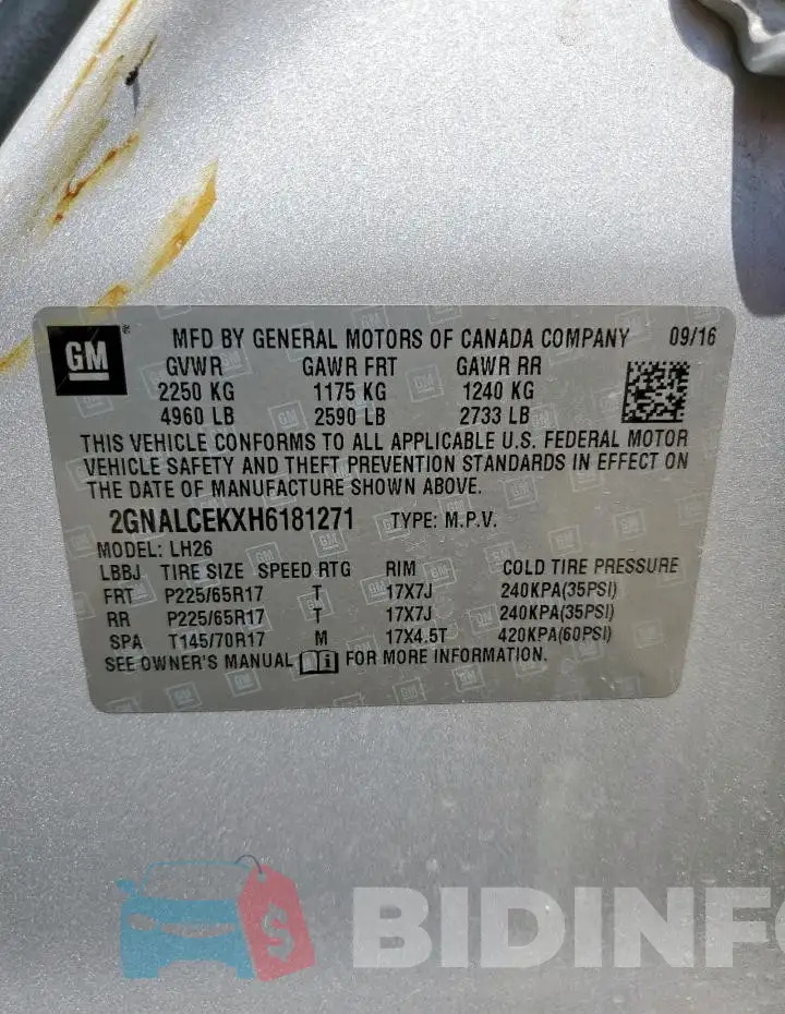 2GNALCEKXH6181271 Photo# 13