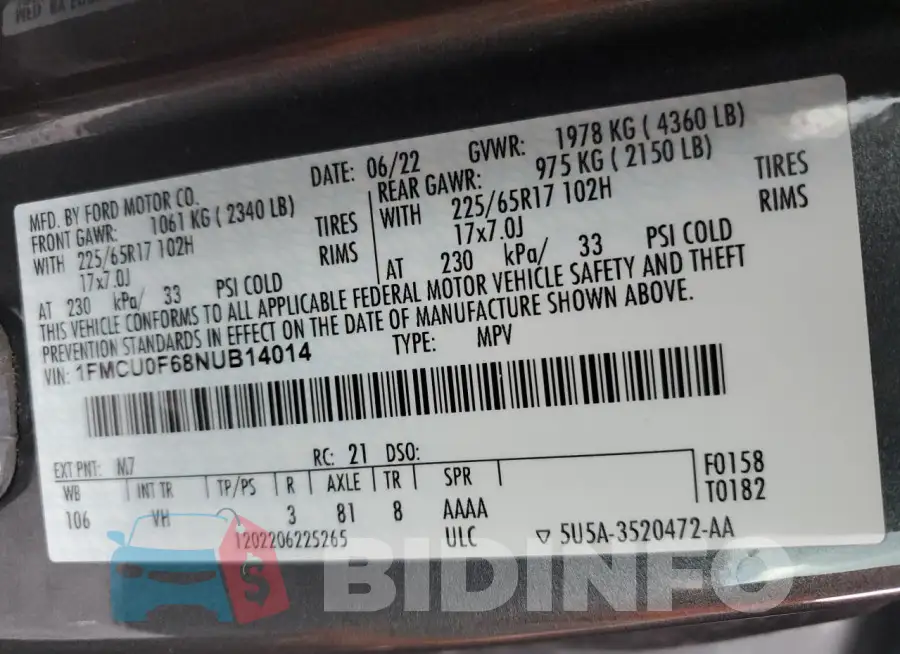 1FMCU0F68NUB14014 Photo# 13