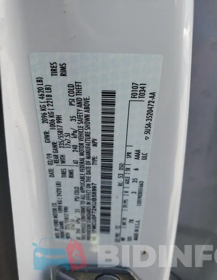 1FMCU0F72KUB58997 Photo# 13