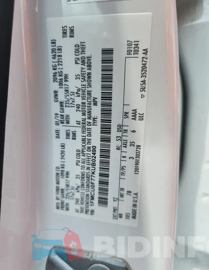 1FMCU0F77KUB02490 Photo# 13