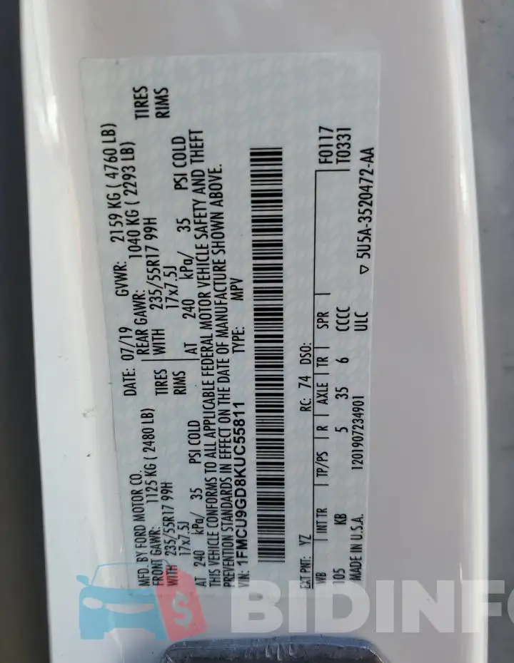 1FMCU9GD8KUC55811 Photo# 13
